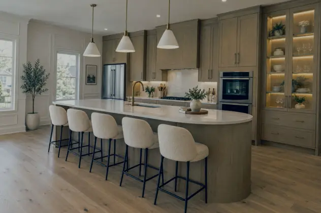 The same kitchen before: darker, flat and grey, with a slight tilt