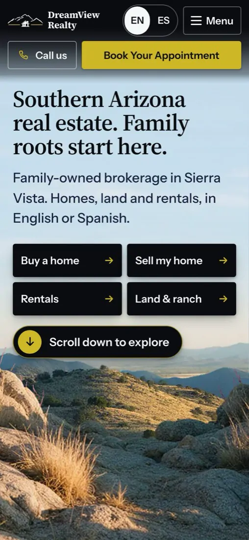 The DreamView Realty home page on a phone